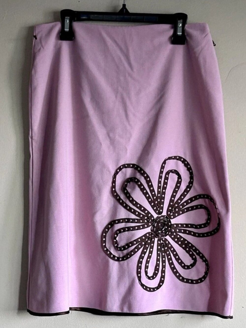 Vintage Y2K HeartSoul Pink Midi Skirt Size 3 Brown Floral Applique Mod 2000s